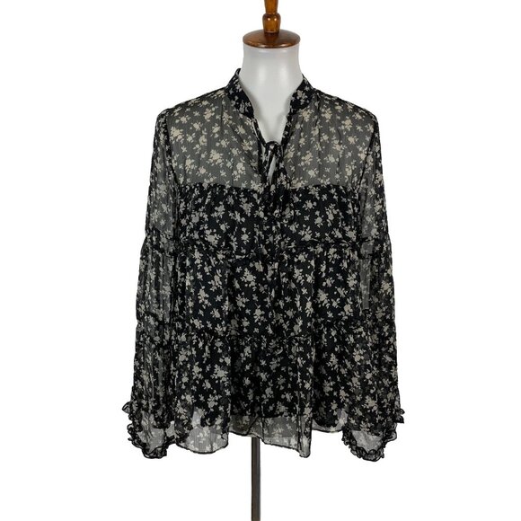 English Factory Blouse Small Black Gray Sheer Boho Long Sleeve Vintage - Picture 1 of 7